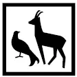 Schwarze Silhouetten eines Vogels und eines antilopenähnlichen Tieres, inspiriert durch den Geist des Klettern Karwendel, erscheinen innerhalb eines quadratischen schwarzen Rahmens auf weißem Hintergrund.