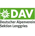 Logo des Deutschen Alpenvereins Sektion Lenggries mit weißer Alpenblume und grünem Hintergrund mit Text, häufig zu sehen auf Anreiseführern und Veranstaltungsmaterialien.