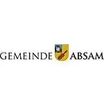 Logo mit dem Schriftzug "GEMEINDE ABSAM" und einem schildförmigen Wappen in der Mitte, das einen blauen Löwenkopf und eine rote Geige auf gelbem Grund zeigt und die Werte der Gemeinschaft und der Partnerschaft symbolisiert.