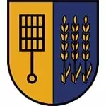 Vertikal geteiltes Schild: linke Hälfte gelb mit schwarzem Gitterwerkzeug als Symbol der Partnerschaft, rechte Hälfte blau mit drei Ähren.
