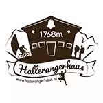 Das Logo des Hallerangerhauses zeigt eine Berghütte mit der Aufschrift "1768m", die Silhouetten eines Bikers und eines Wanderers, zwei Gipfel und die Website www.hallerangerhaus.at-your - der ideale Partner für unvergessliche alpine Erlebnisse.