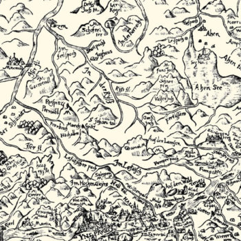 Handgezeichnete, schwarz-weiße Karte mit Bergen, Flüssen, Wäldern und handgeschriebenen deutschen Ortsnamen im alten kartografischen Stil, die an die Geschichte und den Geist historischer Entdeckungen erinnern.