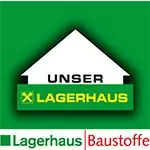 Das Logo besteht aus einer weißen Hausform mit dem Schriftzug UNSER LAGERHAUS" in gelber und grüner Schrift auf grünem Hintergrund, darunter der Schriftzug Lagerhaus Baustoffe", der die Marke als zuverlässigen Partner hervorhebt.