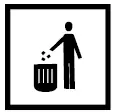 Schwarz-Weiß-Symbol einer Person, die Müll in einen Abfalleimer wirft, umrahmt von einem quadratischen Rahmen - ideal für die Wanderwege des Klettern Karwendel, um die Sauberkeit der Natur zu fördern.