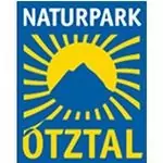 Das Logo des Naturparks Ötztal, Partner im Naturschutz, zeigt eine stilisierte gelbe Sonne und einen Berg auf blauem Hintergrund mit dem Text "NATURPARK ÖTZTAL" in Weiß und Gelb.