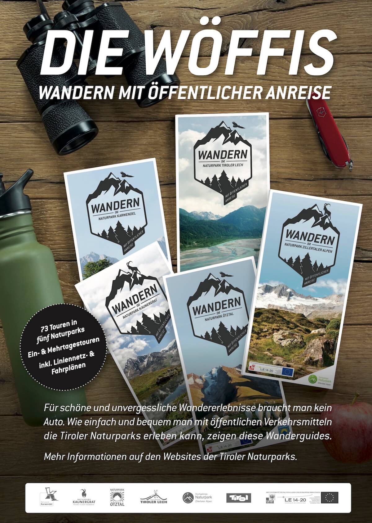Fünf Wanderkarten und landschaftliche Bergfotos sind auf einer hölzernen Fläche ausgestellt, im Hintergrund befinden sich eine Kamera, ein Stift, ein Notizbuch und Wanderschuhe. Deutsche Infos empfehlen wandern mit den Öffis und nachhaltige Anreise zu den Touren.