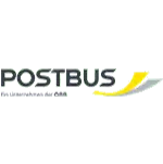 Logo mit dem Text "POSTBUS" und einem gelben geschwungenen Pfeil, der auf bequeme Anreisemöglichkeiten hinweist, mit kleinerem Text darunter, der teilweise unleserlich ist.