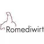 Umrisszeichnung einer Person, die auf einem Tier sitzt, das einen engen Partner symbolisiert, neben dem Wort "Romediwirt" in schwarzer Schrift auf weißem Hintergrund.