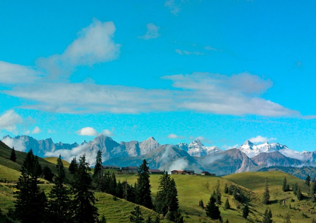 Grüne Hügel mit vereinzelten Kiefern im Vordergrund und eine Reihe von schneebedeckten Bergen im Hintergrund bilden die Kulisse für innovative Forschungsprojekte unter einem blauen Wolkenhimmel.