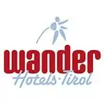Logo für den Partner Wander Hotels Tirol mit stilisiertem roten Text "wander", grauem Schriftzug "Hotels Tirol" und einer blauen abstrakten menschlichen Figur über dem Text.