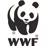 Schwarz-weißes WWF-Logo mit einem stilisierten Panda über den fettgedruckten Großbuchstaben "WWF", die die Rolle des WWF als globaler Partner im Naturschutz symbolisieren.