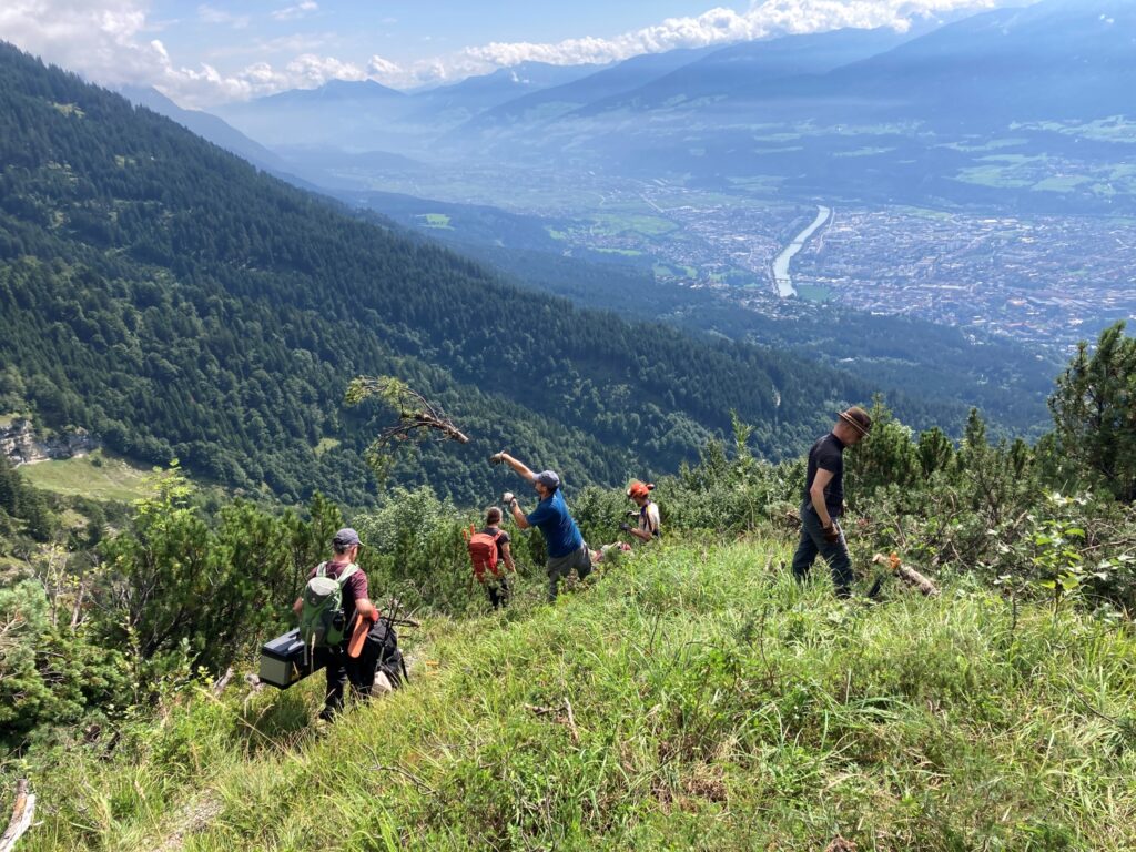 Eine Gruppe von Menschen erklimmt den steilen, grasbewachsenen Hang in der Nähe der Achselkopfalm, von dessen Bäumen aus man ein Flusstal und die darunter liegende, von Bergen umgebene Stadt überblickt.