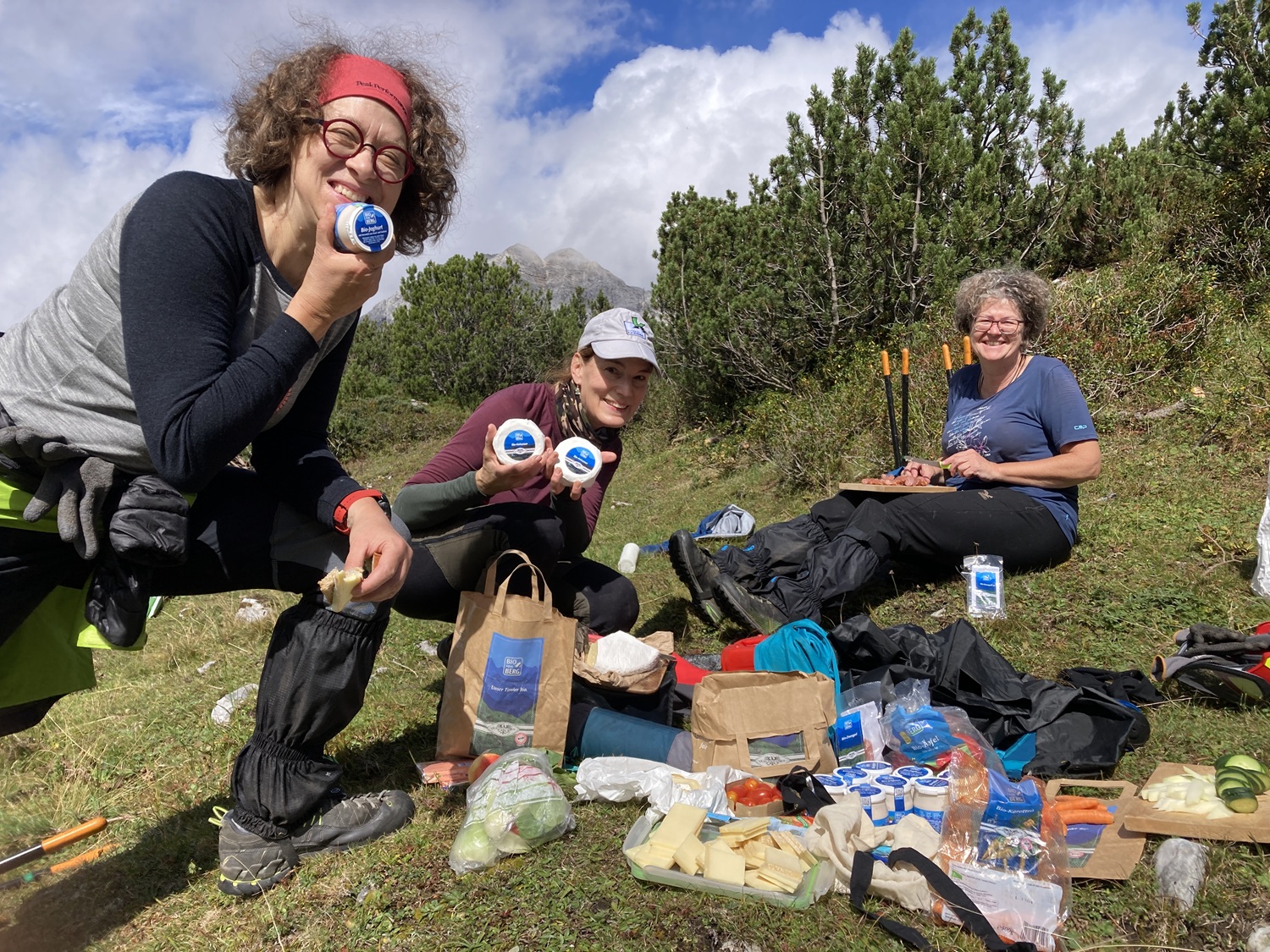 Drei Personen sitzen im Gras in der Nähe der Almpflege Pfeishütte, lächeln und halten runde Essensbehälter mit einem Picknickaufstrich aus Snacks, Brot und Käse vor sich. Bäume und Berge bilden eine malerische Kulisse.