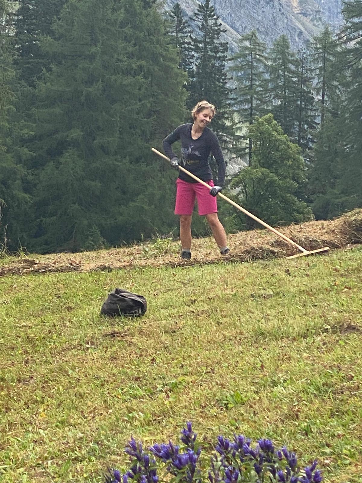 Eine Person, die an der Biotoppflege Issanger teilnimmt, trägt rosa Shorts und ein schwarzes Oberteil, während sie auf einem Hügel mit Bäumen und Bergen im Hintergrund Gras harken. Eine schwarze Tüte liegt in der Nähe auf dem Boden.