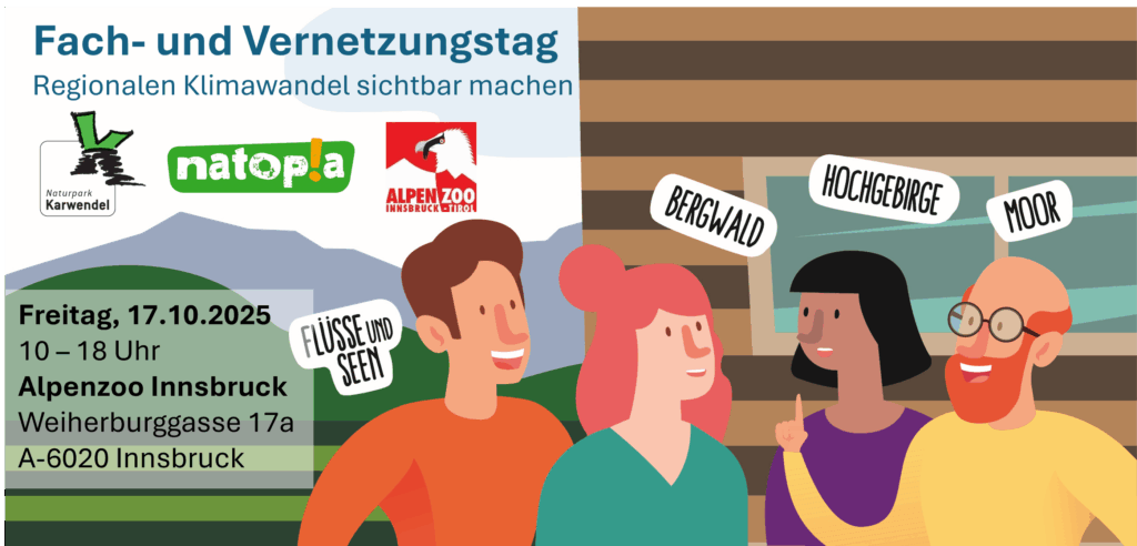 Vier abgebildete Personen unterhalten sich im Freien mit Sprechblasen, die "Bergwald", "Hochgebirge", "Flüsse und Seen" und "Moor" sagen. Links sind Veranstaltungshinweise für eine Klimakonferenz in der Karwendelregion zu sehen.