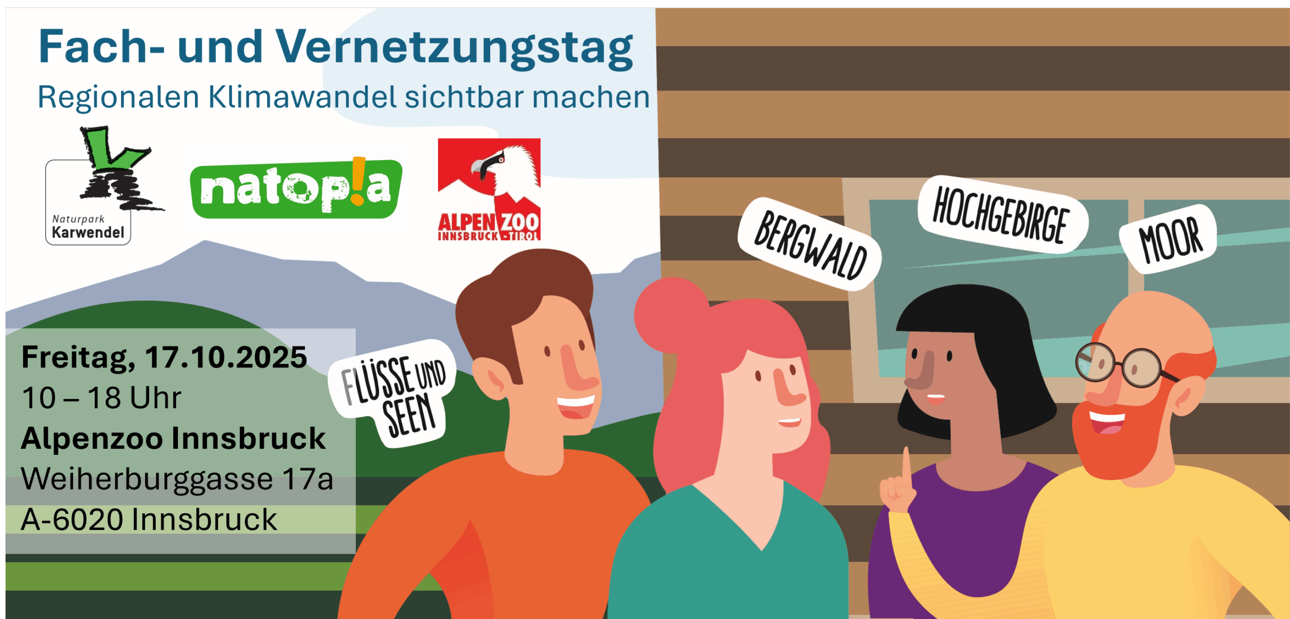 Vier abgebildete Personen unterhalten sich im Freien mit Sprechblasen, die "Bergwald", "Hochgebirge", "Flüsse und Seen" und "Moor" sagen. Links sind Veranstaltungshinweise für eine Klimakonferenz in der Karwendelregion zu sehen.