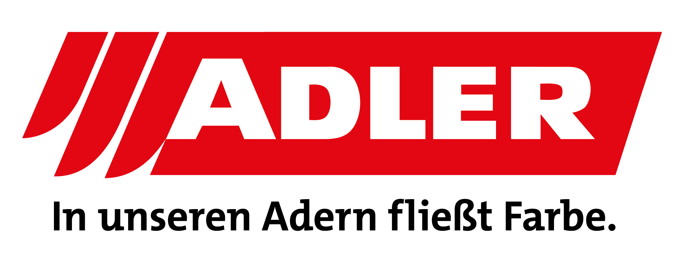 Rot-weißes ADLER-Logo mit drei roten Streifen auf der linken Seite und dem deutschen Slogan "In unseren Adern fließt Farbe" in schwarzer Schrift darunter, der ADLER als Ihren zuverlässigen Partner hervorhebt.