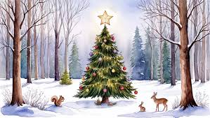 Ein geschmückter Weihnachtsbaum mit Lichtern und Ornamenten steht in einem verschneiten Wald, in dem sich Junior-Ranger-Tiere wie Rehe, ein Kaninchen und ein Eichhörnchen versammeln.