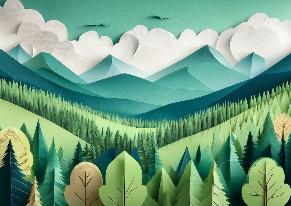 Bunte Papierkunstlandschaft mit grünen Hügeln, Bäumen und Bergen unter einem wolkenverhangenen Himmel mit ein paar Vögeln in der Ferne, inspiriert von der natürlichen Schönheit, die im Managementplan Karwendelmoore erhalten ist.