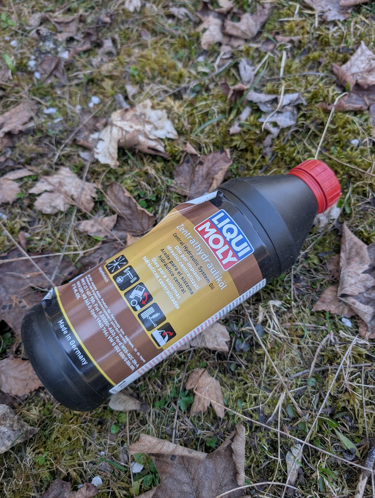 Eine Flasche Liqui Moly 2-Takt-Motoröl mit rotem Verschluss liegt im Freien auf Gras und vertrocknetem Laub, möglicherweise zurückgelassen nach einer Müllsammelaktion in den Karwendeltälern am Achensee.