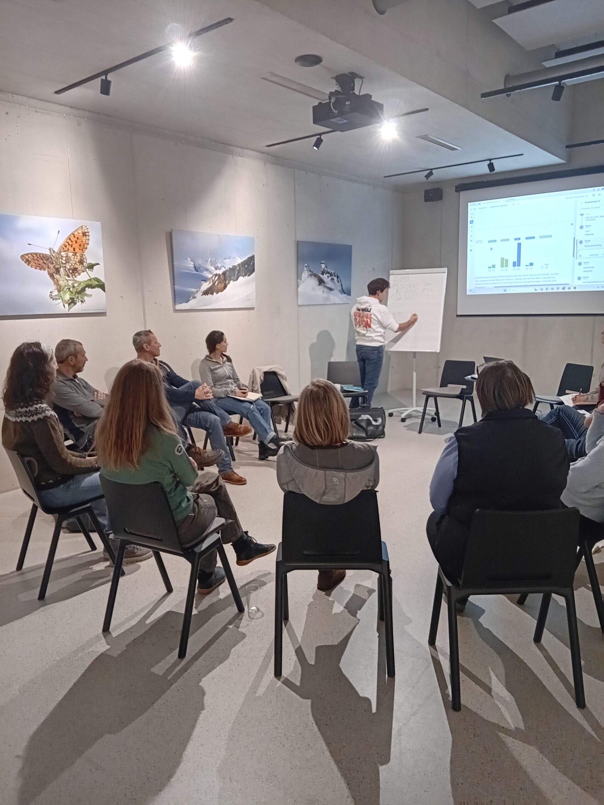 Eine Gruppe von Menschen sitzt in einem Raum in einem Schutzgebiet und sieht zu, wie ein Moderator auf ein Flipchart schreibt und ein Balkendiagramm auf einer Projektionsfläche angezeigt wird.