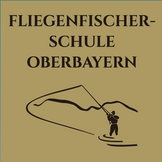 Logo mit dem Schriftzug "FLIEGENFISCHER-SCHULE OBERBAYERN" über der Zeichnung einer Person beim Fliegenfischen vor einer Bergkulisse, die das Engagement für Natur- und Artenschutzprojekte symbolisiert.