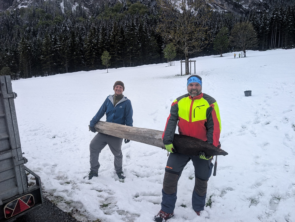 Zwei Männer in Winterkleidung stehen lächelnd im Schnee und tragen einen großen Baumstamm zwischen sich - vielleicht für die Zaunreparaturen am Ahornboden. Ein malerischer Wald und majestätische Berge bilden die Kulisse.
