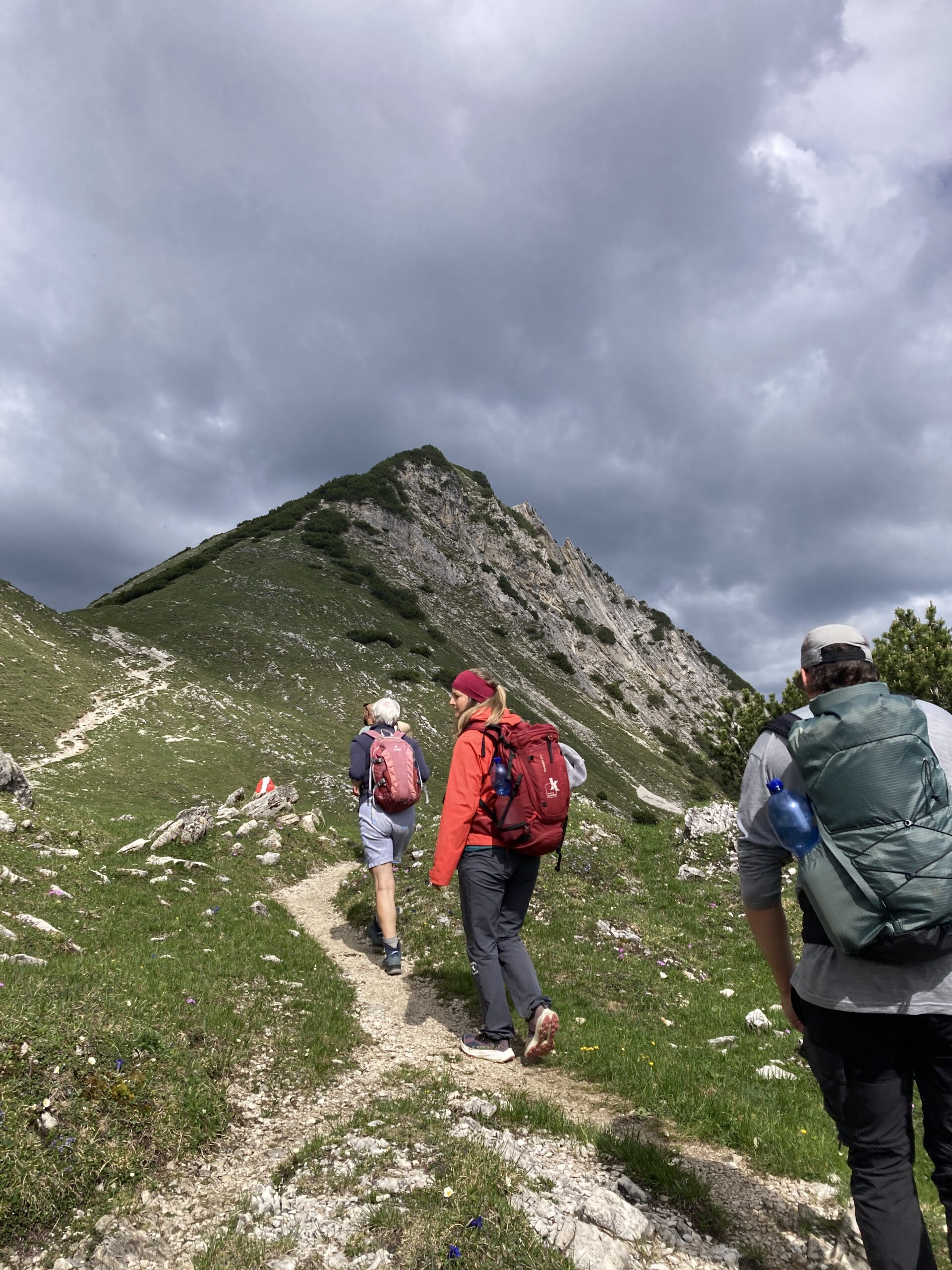 Bergwaldprojekt Umweltbaustelle Almpflege Plumsjochhütte 2026 Team Karwendel Drei Wanderer mit Rucksäcken steigen unter bewölktem Himmel einen felsigen Bergpfad hinauf, umgeben von grünem Gras und steilen Hängen – eine Szene, die an die raue Schönheit von Zaunreparaturen Ahornboden erinnert.
