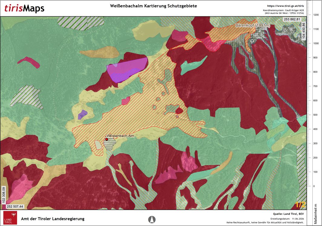Topografische Karte mit verschiedenen farbcodierten Zonen und Grenzen im Gebiet der Weißenbachalm, mit Legende, Maßstab, beschrifteten geografischen Merkmalen und Schwerpunkten aus der aktuellen Forschung.