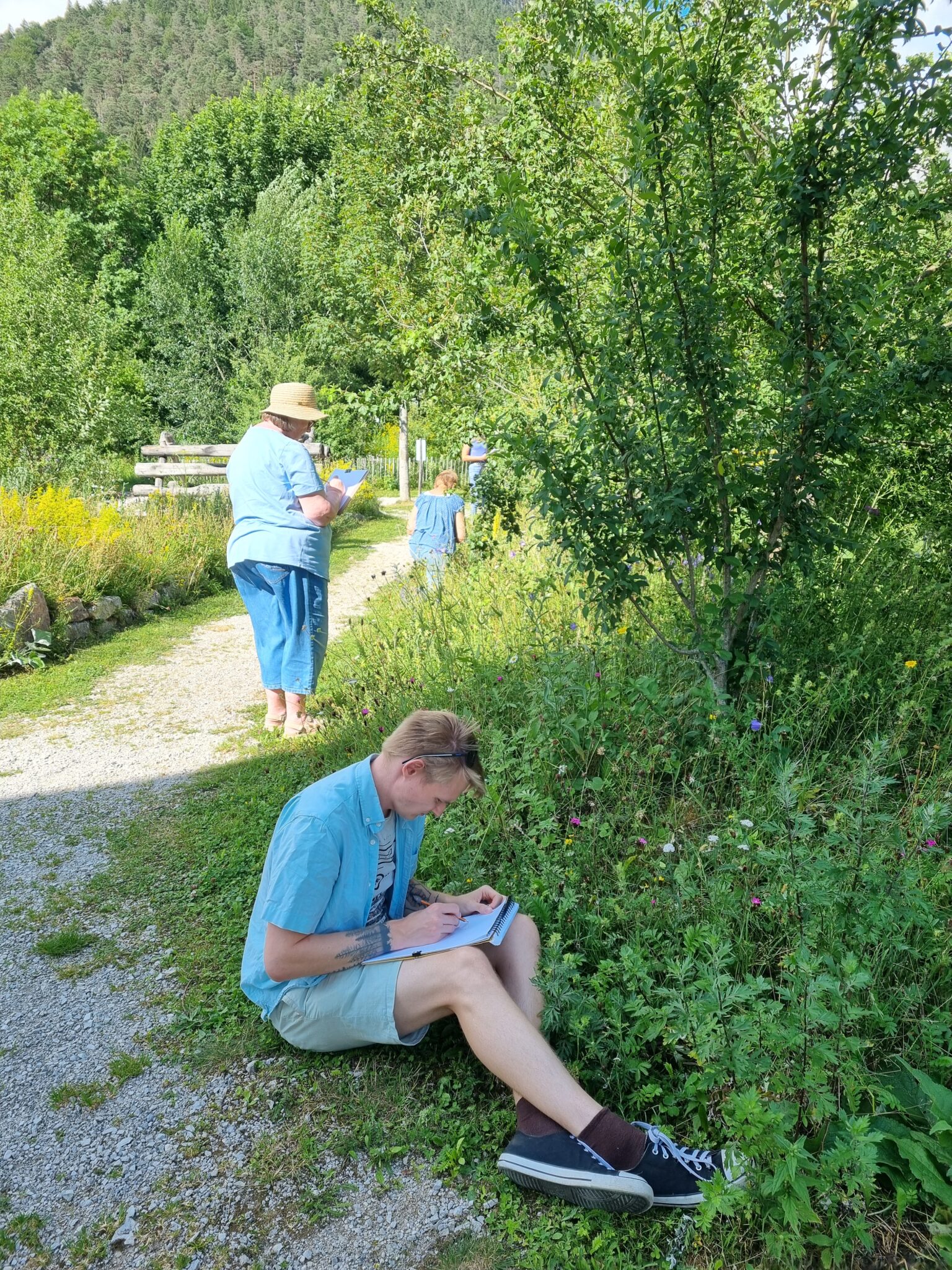 Vier Personen im Freien: Zwei stehen auf einem Feldweg und schreiben, eine geht spazieren und eine sitzt im Gras und skizziert oder macht sich Notizen; umgeben von Bäumen und Grünflächen beobachten sie die Auswirkungen des Klimawandels in den Bergen auf die Naturlandschaft.
