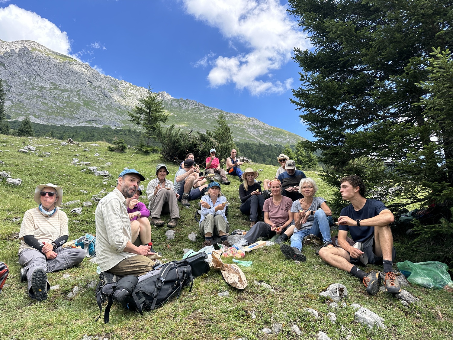 Bergwaldprojekt Umweltbaustelle Almpflege Plumsjochhütte 2026 Team Karwendel Eine Gruppe von Menschen sitzt während einer Wanderung auf einem grasbewachsenen Hang, genießt die Almpflege und entspannt sich auf der Anger-Hochalm, vor dem Hintergrund der Berge und des blauen Himmels.