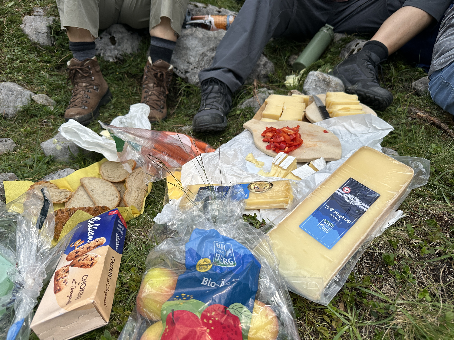 Picknick auf der Wiese mit verschiedenen Käsesorten, Brot, Äpfeln, Crackern und Paprikastreifen; drei Personen sitzen in der Nähe, ihre Beine sind zu sehen, sie tragen Wanderschuhe und Outdoor-Kleidung – ideal für eine gemütliche Pause während einer Exkursion zur Almpflege Anger Hochalm.
