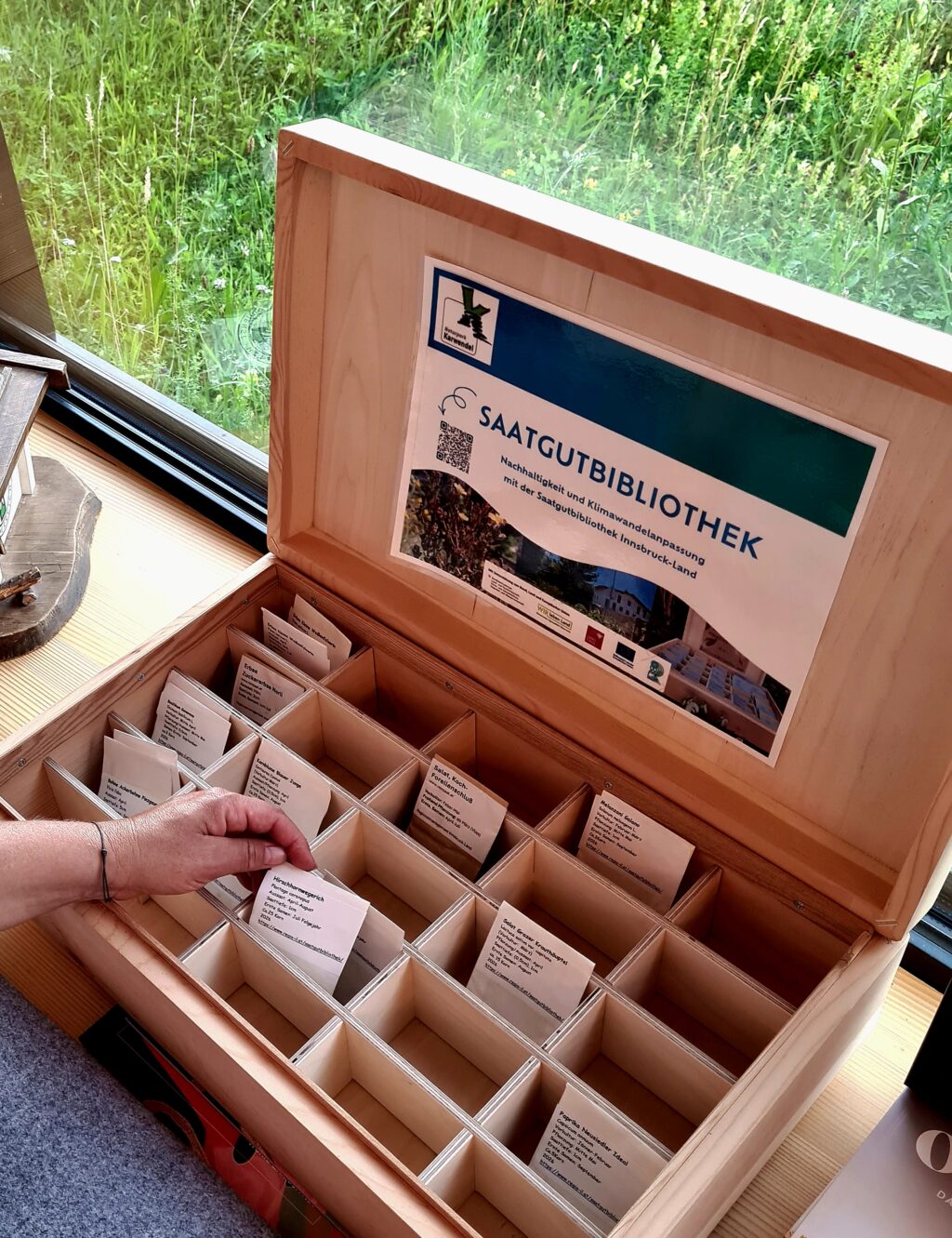 Eine Holzkiste mit der Aufschrift „Saatgutbibliothek“ enthält ordentlich sortierte Samentütchen; eine Hand greift nach einem davon, vielleicht zur Vorbereitung auf einen bevorstehenden Alpenblumen-Malworkshop. Die Kiste steht auf einer Fensterbank, hinter der man Grünpflanzen sehen kann.