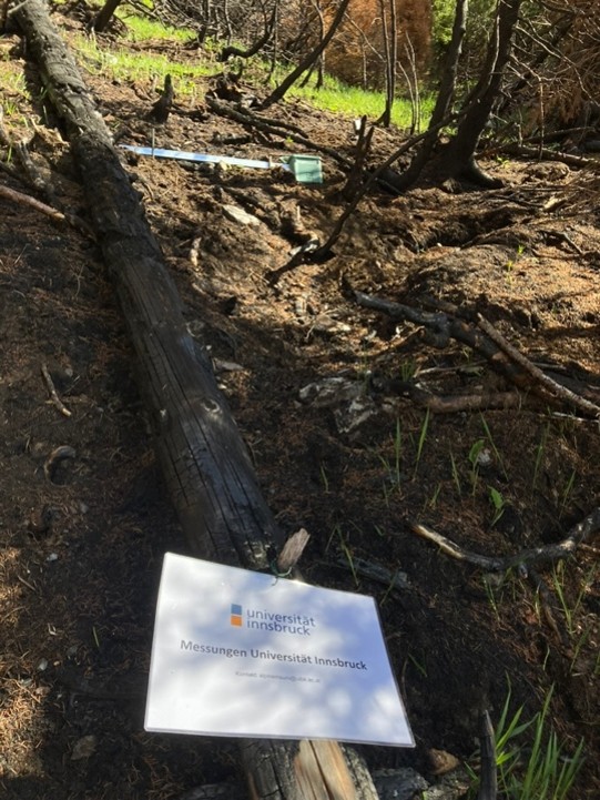 Ein verbrannter Baumstamm liegt auf dem Waldboden neben einem Schild mit der Aufschrift „Messungen Universität Innsbruck“ und einigen wissenschaftlichen Geräten inmitten von spärlichem Gras und verkohlten Bäumen und veranschaulicht so die aktuelle Forschung nach einem Brand.