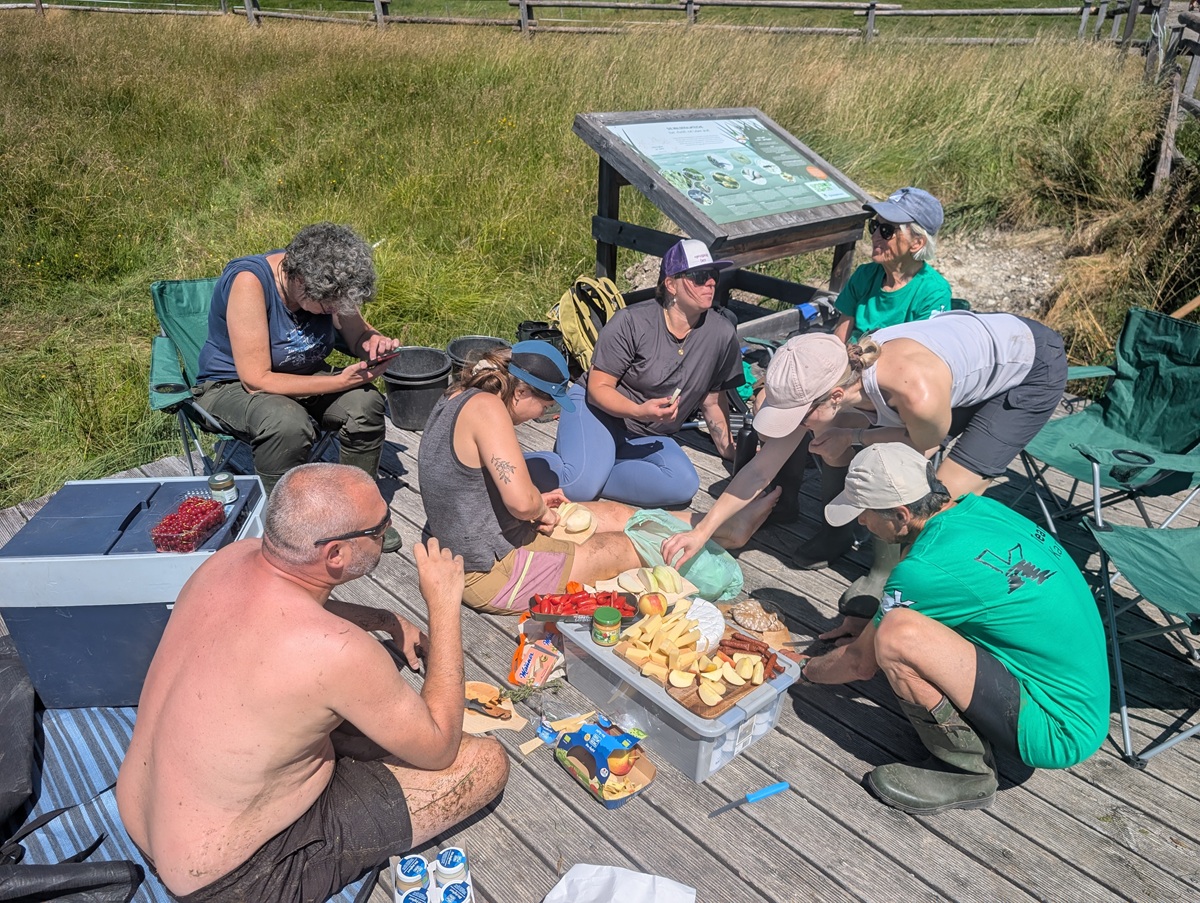 Sieben Personen sitzen und knien auf einer Holzplattform im Freien, essen gemeinsam und bereiten Speisen wie Obstscheiben, Brot und Getränke zu, umgeben von Gras und einem Hinweisschild.