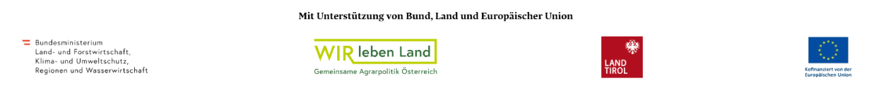 Logos des Bundesministeriums, des Landes Tirol, der Europäischen Union und von „Wir leben Land“ mit deutschem Text, der ihre Unterstützung für Initiativen wie den „Alpenblumen-Malworkshop“ zum Ausdruck bringt.