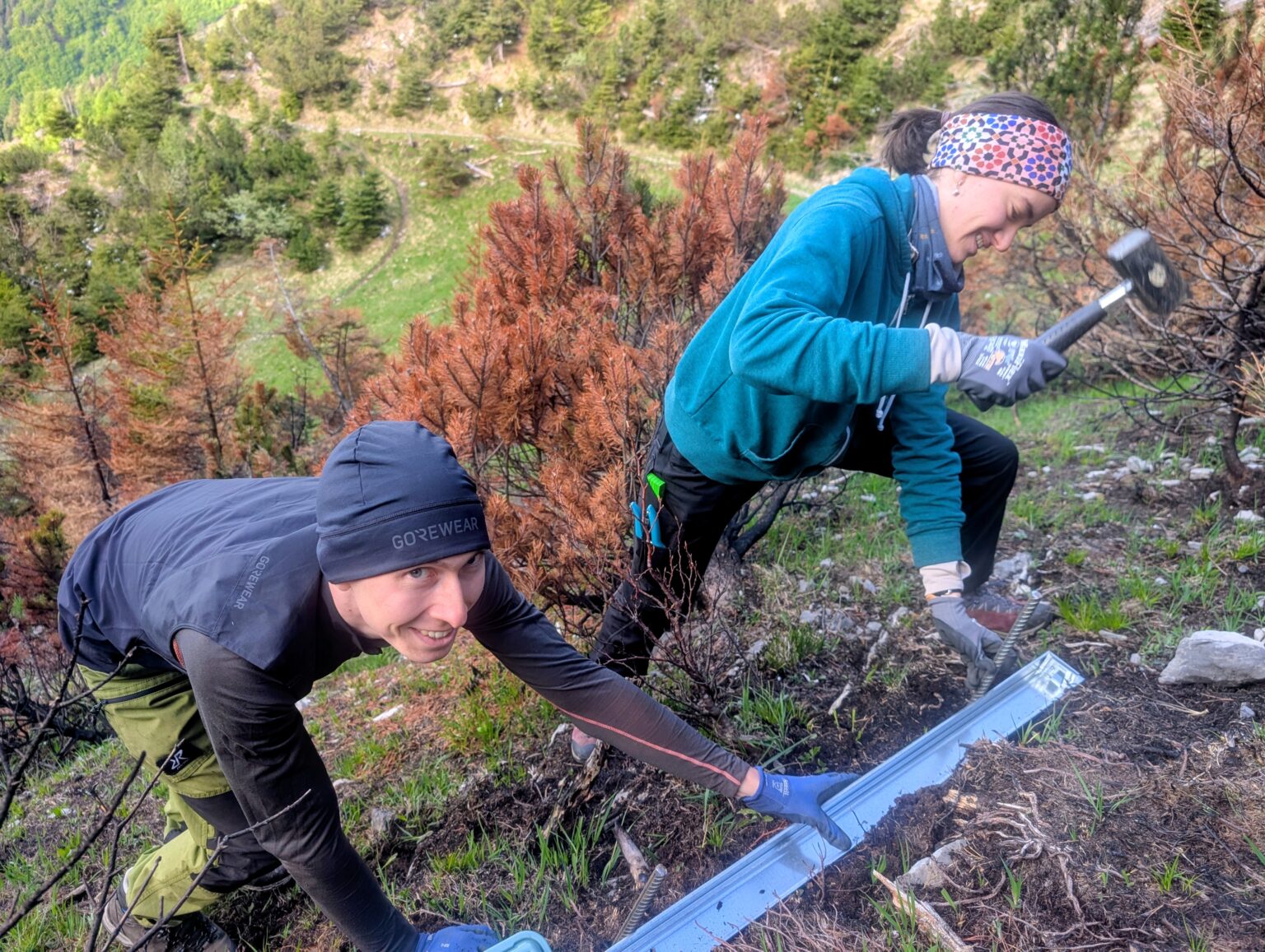 Zwei Personen auf einem Hang bringen mit Hilfe von Werkzeugen zwischen Bäumen und Gras einen Metallstreifen im Boden an, im Hintergrund sind Hügel und Bäume zu sehen; das Bild veranschaulicht Aspekte der aktuellen Forschung in der Umwelttechnik.