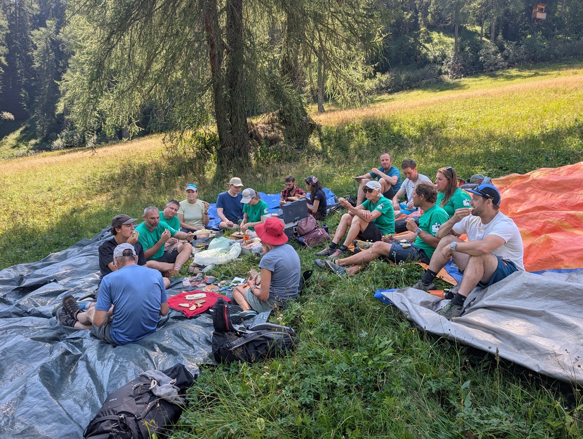 Eine Gruppe von Menschen sitzt auf Planen und im Gras auf einer Wiese und genießt gemeinsam ein Picknick. Sie sind von Rucksäcken und Bäumen umgeben, durch deren Blätter das Sonnenlicht hereinscheint.