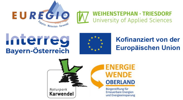 Logos für die Euregio, die Fachhochschule Weihenstephan-Triesdorf, Interreg Bayern-Österreich, die EU, den Naturpark Karwendel und den „KlimaWald Energiewende“.